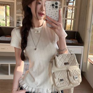 Plus Size Lace Trim Knitted Short Sleeve T-Shirt for Women, Summer Korean Style Slim Fit Top, Elegant Casual Wear