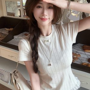 Plus Size Lace Trim Knitted Short Sleeve T-Shirt for Women, Summer Korean Style Slim Fit Top, Elegant Casual Wear