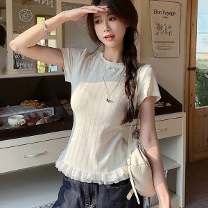 Plus Size Lace Trim Knitted Short Sleeve T-Shirt for Women, Summer Korean Style Slim Fit Top, Elegant Casual Wear