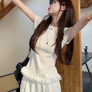 Plus Size Lace Trim Knitted Short Sleeve T-Shirt for Women, Summer Korean Style Slim Fit Top, Elegant Casual Wear
