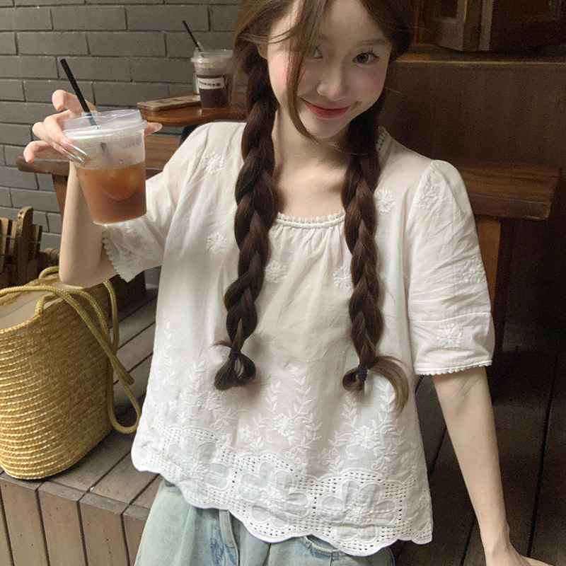 Plus Size Lace Trim Square Neck Short Sleeve Shirt - Stylish Cropped Summer Top for Curvy Figures, Loose Fit, Flattering Design