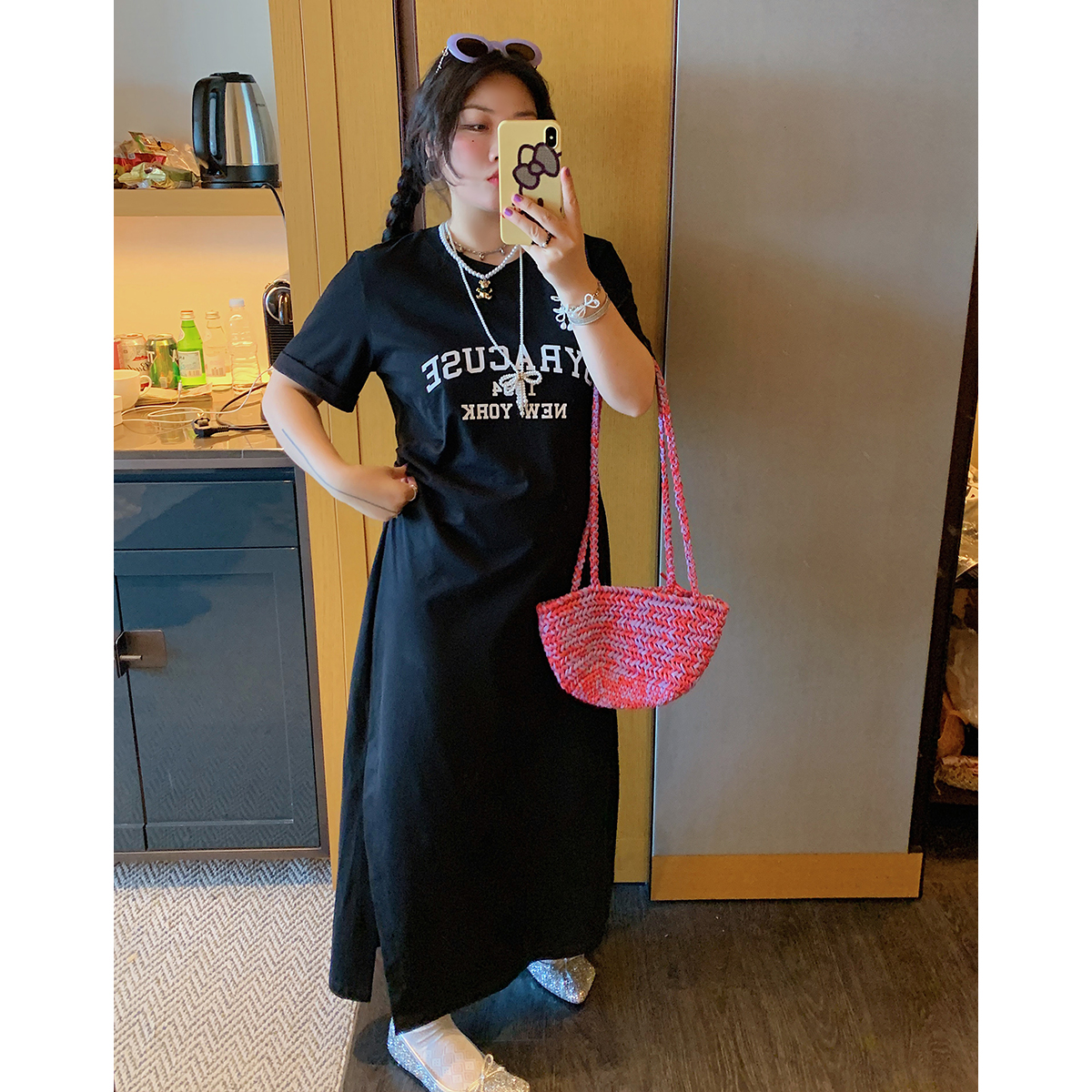 Plus-Size Letter Print Dress for Women, Slimming Summer 2025 Black Long Skirt with Slit, Chic and Comfortable Fashion