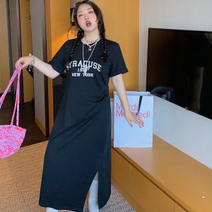 Plus-Size Letter Print Dress for Women, Slimming Summer 2025 Black Long Skirt with Slit, Chic and Comfortable Fashion