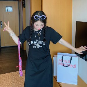 Plus-Size Letter Print Dress for Women, Slimming Summer 2025 Black Long Skirt with Slit, Chic and Comfortable Fashion