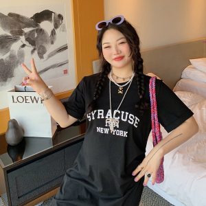 Plus-Size Letter Print Dress for Women, Slimming Summer 2025 Black Long Skirt with Slit, Chic and Comfortable Fashion