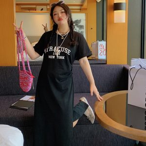 Plus-Size Letter Print Dress for Women, Slimming Summer 2025 Black Long Skirt with Slit, Chic and Comfortable Fashion
