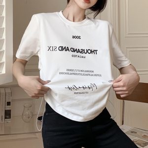 Plus Size Letter Print Short Sleeve T-Shirt for Women, Loose Drawstring Summer Top, Slimming Tummy-Covering Design