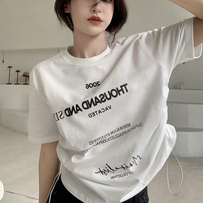 Plus Size Letter Print Short Sleeve T-Shirt for Women, Loose Drawstring Summer Top, Slimming Tummy-Covering Design