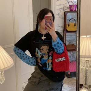 Plus-Size Long Sleeve T-Shirt for Women, Fake Two-Piece Design, 2025 Spring Style, Niche Fashion Top