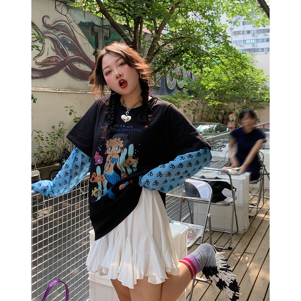 Plus-Size Long Sleeve T-Shirt for Women, Fake Two-Piece Design, 2025 Spring Style, Niche Fashion Top