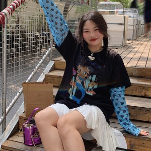 Plus-Size Long Sleeve T-Shirt for Women, Fake Two-Piece Design, 2025 Spring Style, Niche Fashion Top