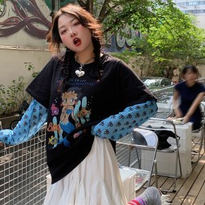 Plus-Size Long Sleeve T-Shirt for Women, Fake Two-Piece Design, 2025 Spring Style, Niche Fashion Top