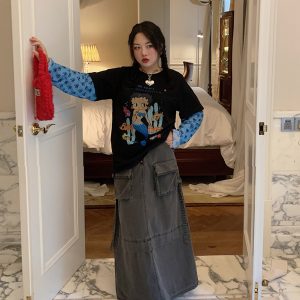 Plus-Size Long Sleeve T-Shirt for Women, Fake Two-Piece Design, 2025 Spring Style, Niche Fashion Top