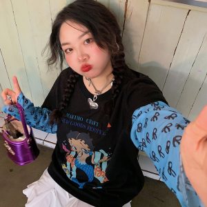Plus-Size Long Sleeve T-Shirt for Women, Fake Two-Piece Design, 2025 Spring Style, Niche Fashion Top