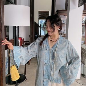 Plus Size Long Sleeve V-Neck Lace Shirt for Women - New Chinese Style National Wind Spring 2025 Top