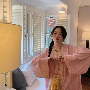 Plus Size Long Sleeve V-Neck Lace Shirt for Women - New Chinese Style National Wind Spring 2025 Top