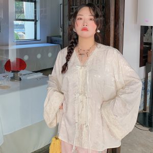 Plus Size Long Sleeve V-Neck Lace Shirt for Women - New Chinese Style National Wind Spring 2025 Top