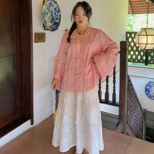 Plus Size Long Sleeve V-Neck Lace Shirt for Women - New Chinese Style National Wind Spring 2025 Top