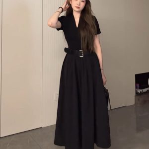 Plus Size Long V-Neck Little Black Dress for Women, Flattering A-Line Hem, Waist-Cinching, Short Sleeve, Elegant Style