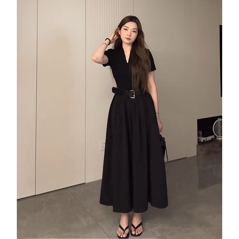 Plus Size Long V-Neck Little Black Dress for Women, Flattering A-Line Hem, Waist-Cinching, Short Sleeve, Elegant Style