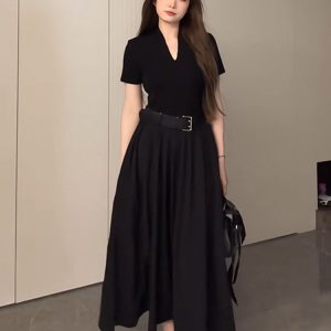 Plus Size Long V-Neck Little Black Dress for Women, Flattering A-Line Hem, Waist-Cinching, Short Sleeve, Elegant Style