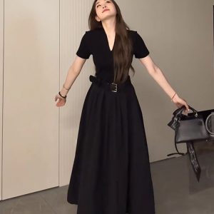 Plus Size Long V-Neck Little Black Dress for Women, Flattering A-Line Hem, Waist-Cinching, Short Sleeve, Elegant Style