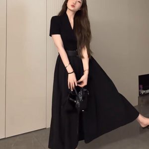 Plus Size Long V-Neck Little Black Dress for Women, Flattering A-Line Hem, Waist-Cinching, Short Sleeve, Elegant Style