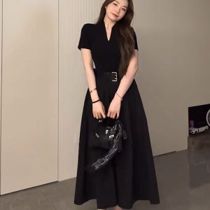 Plus Size Long V-Neck Little Black Dress for Women, Flattering A-Line Hem, Waist-Cinching, Short Sleeve, Elegant Style