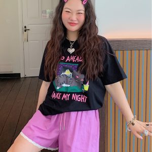 Plus Size Loose Cat Short Sleeve T-Shirt for Women - Korean Style Summer 2025 Lazy Fashion Top