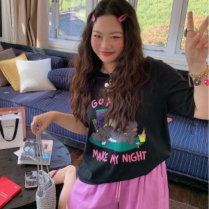 Plus Size Loose Cat Short Sleeve T-Shirt for Women - Korean Style Summer 2025 Lazy Fashion Top