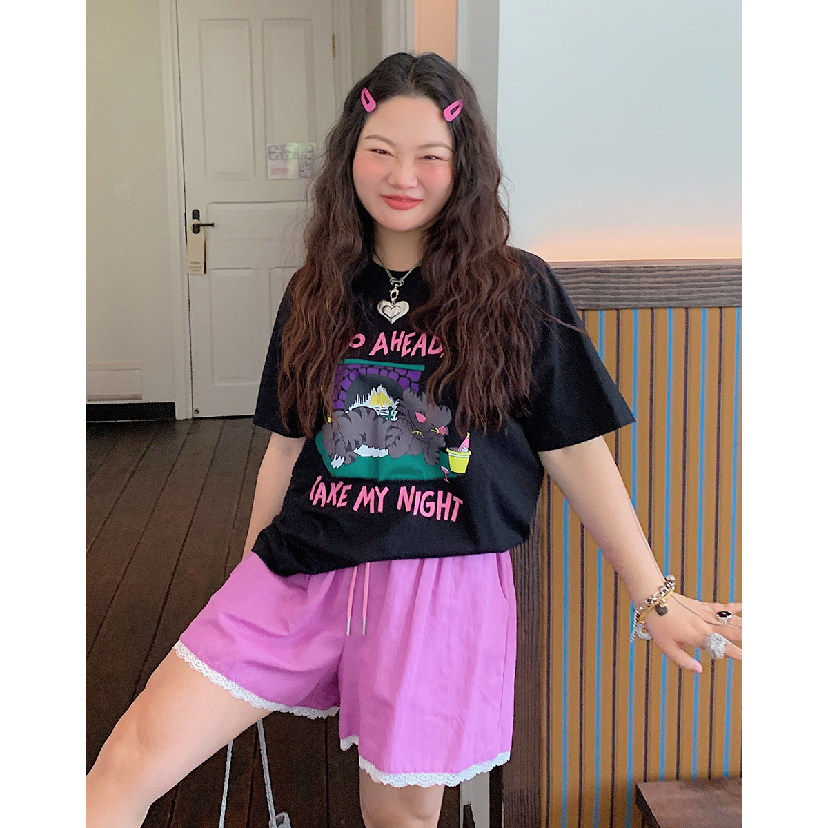 Plus Size Loose Cat Short Sleeve T-Shirt for Women - Korean Style Summer 2025 Lazy Fashion Top