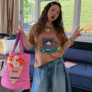 Plus Size Loose Cat Short Sleeve T-Shirt for Women - Korean Style Summer 2025 Lazy Fashion Top