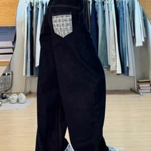 Plus Size Loose-Fitting Boyfriend Wide-Leg Pants for Pear-Shaped Figures, Slimming Deep Blue Patchwork Cuffed Jeans