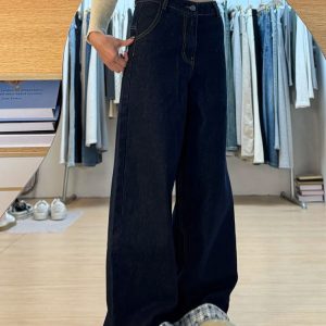Plus Size Loose-Fitting Boyfriend Wide-Leg Pants for Pear-Shaped Figures, Slimming Deep Blue Patchwork Cuffed Jeans