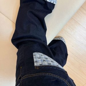 Plus Size Loose-Fitting Boyfriend Wide-Leg Pants for Pear-Shaped Figures, Slimming Deep Blue Patchwork Cuffed Jeans