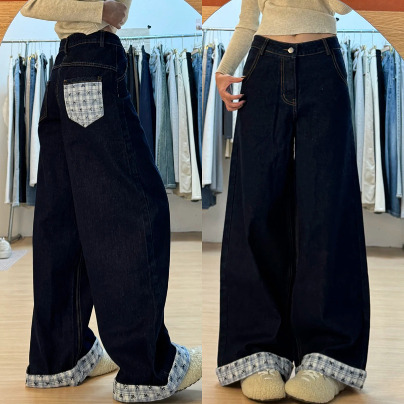 Plus Size Loose-Fitting Boyfriend Wide-Leg Pants for Pear-Shaped Figures, Slimming Deep Blue Patchwork Cuffed Jeans