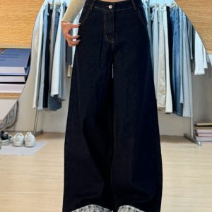 Plus Size Loose-Fitting Boyfriend Wide-Leg Pants for Pear-Shaped Figures, Slimming Deep Blue Patchwork Cuffed Jeans