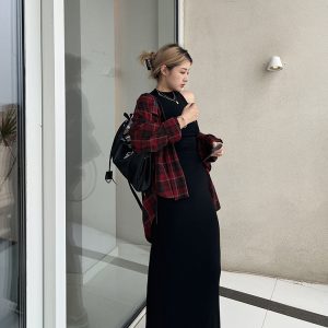Plus Size Loose Long Sleeve Plaid Shirt in Red and Black Color Block - Minimalist Retro Style for Summer and Autumn Fashion