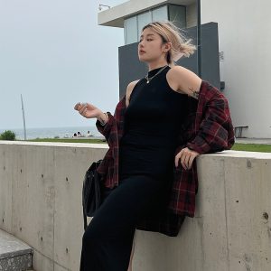 Plus Size Loose Long Sleeve Plaid Shirt in Red and Black Color Block - Minimalist Retro Style for Summer and Autumn Fashion