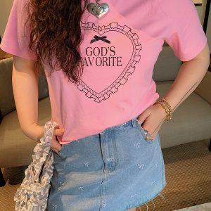 Plus Size Love Heart Bow Short Sleeve T-shirt for Women - Unique Beautiful Design - Spring/Summer 2025 - Y2K Korean Style Fashion
