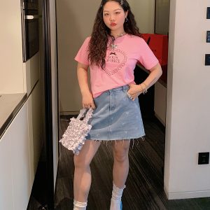 Plus Size Love Heart Bow Short Sleeve T-shirt for Women - Unique Beautiful Design - Spring/Summer 2025 - Y2K Korean Style Fashion