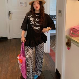 Plus Size Love Heart Print Casual Pants for Women - Lightweight Summer Style 2025