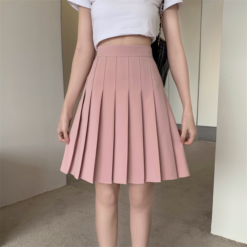 Plus Size Mid-Length Pink Pleated Skirt for Women, High-Waisted A-Line Design, Flattering College Style for Summer
