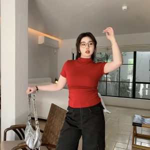 Plus Size Minimalist Fitted Half-High Neck Pleated Short Sleeve High-Stretch T-Shirt for Summer - Slimming and Stylish