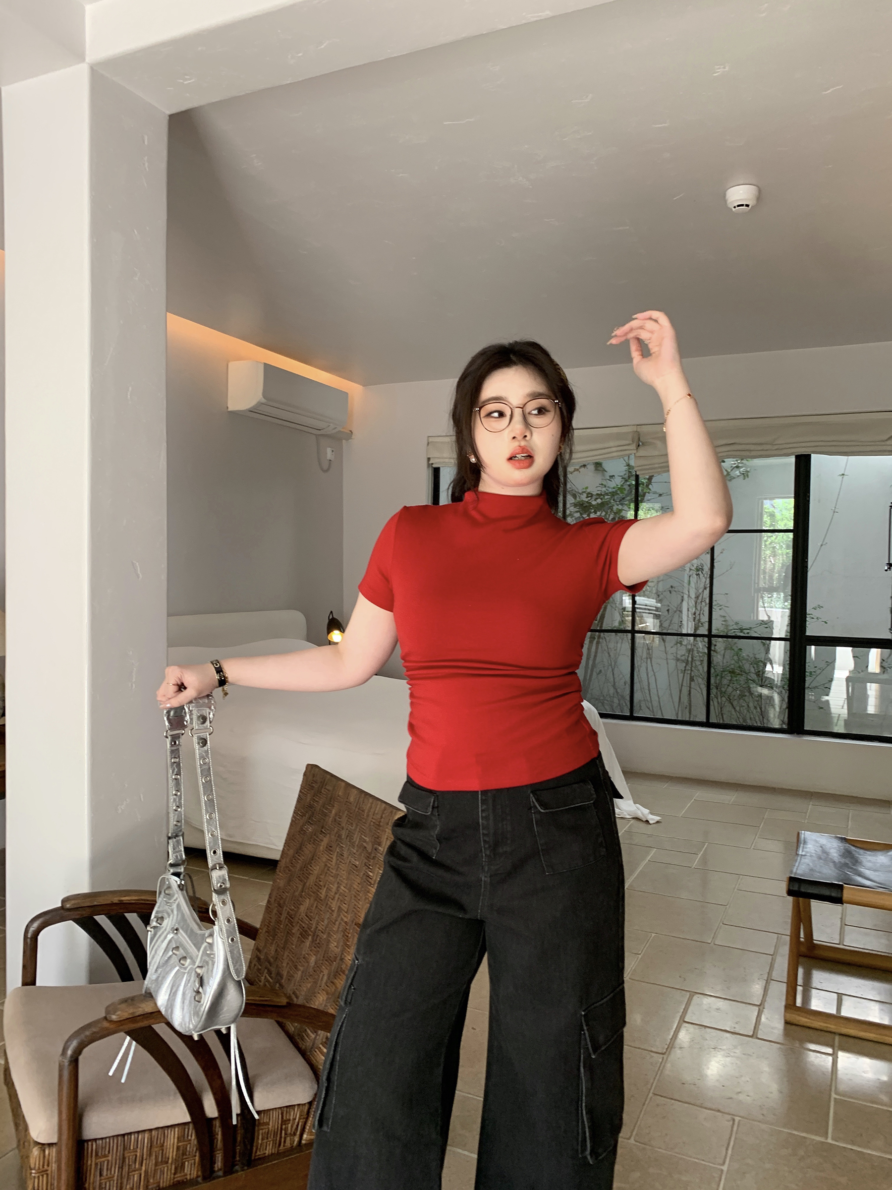 Plus Size Minimalist Fitted Half-High Neck Pleated Short Sleeve High-Stretch T-Shirt for Summer - Slimming and Stylish Plus Size Minimalist Fitted Half-High Neck Pleated Short Sleeve High-Stretch T-Shirt for Summer - Slimming and Stylish