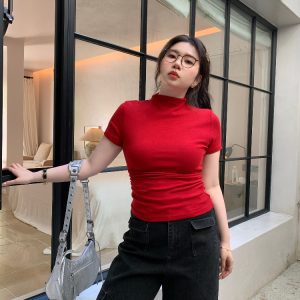 Plus Size Minimalist Fitted Half-High Neck Pleated Short Sleeve High-Stretch T-Shirt for Summer - Slimming and Stylish