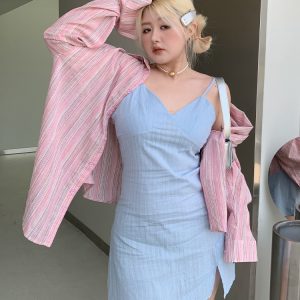 Plus Size Minimalist Oversized Striped Shirt Jacket - Breathable Sun Protection for Fresh Summer Style