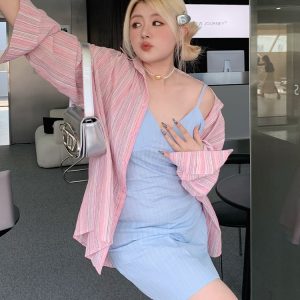 Plus Size Minimalist Oversized Striped Shirt Jacket - Breathable Sun Protection for Fresh Summer Style