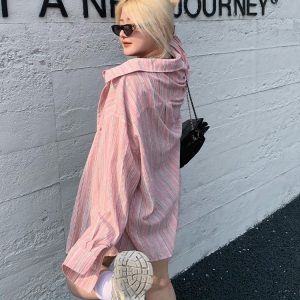 Plus Size Minimalist Oversized Striped Shirt Jacket - Breathable Sun Protection for Fresh Summer Style