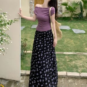Plus Size Off-Shoulder Floral Two-Piece Set for Women - Summer Short Sleeve T-Shirt & High-Waisted Skirt, Trendy Ins Style